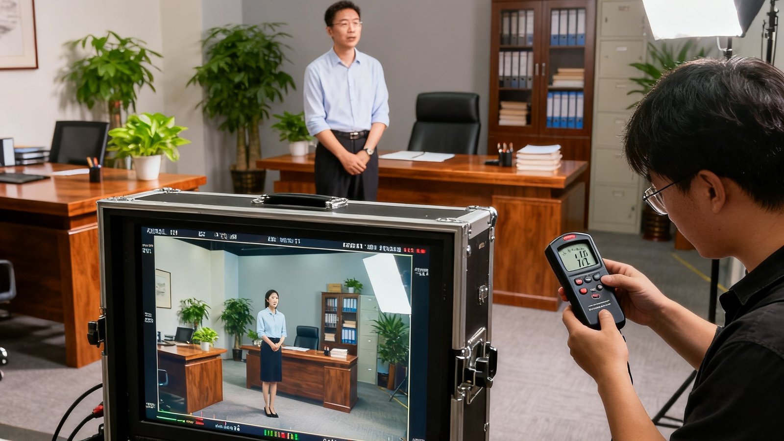 企业宣传片拍摄现场，导演站在专业监视器前指导演员表演，背景是精心搭建的办公场景，灯光师手持测光表进行最后的调试