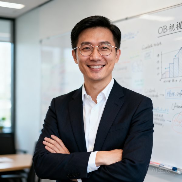 OB视讯策略总监林思远的职业形象照，她佩戴着细框眼镜，双臂交叉面带微笑，背景是创意办公室的白板墙