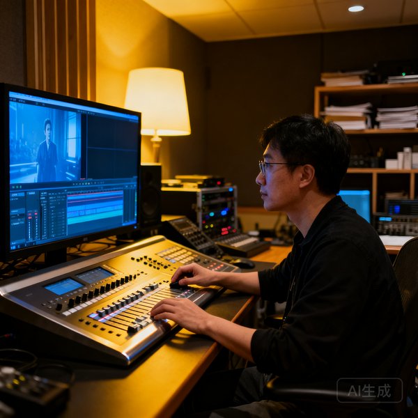 OB视讯后期制作总监陈宇辉坐在调色台前工作的场景，他专注地盯着监视器上的画面，手指在控制面板上精准操作